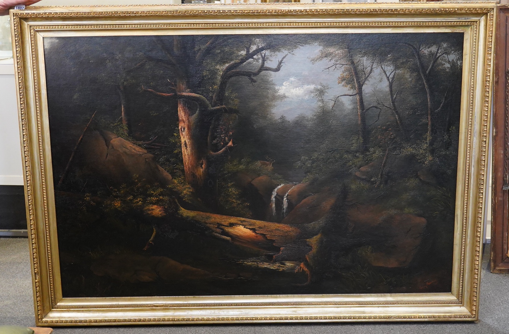 Amy Rainey, pair of oils on canvas, Woodland waterfalls, signed and dated 1885, ornate gilt framed, 90 x 135cm. Condition - good, relined